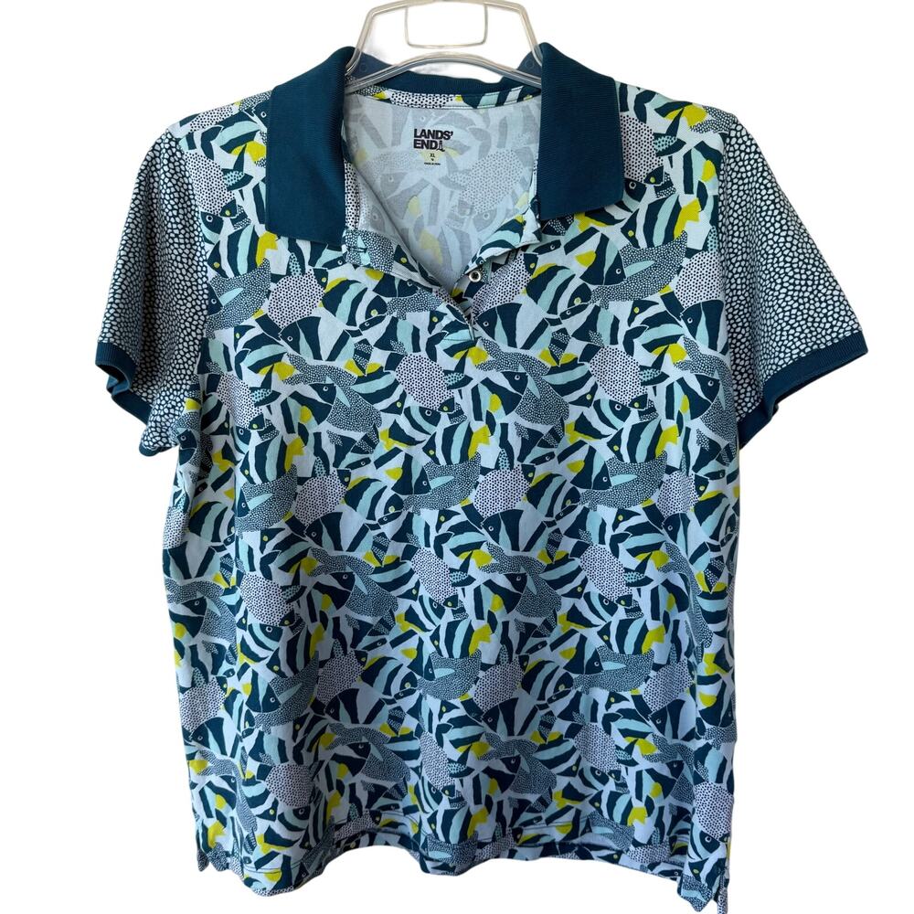 Land’s End Size XL Fish Teal white yellow Polo Shirt